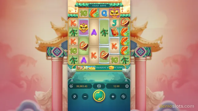 A mobile-orientation slot game featuring a 5x4 grid with Chinese-themed symbols, including a lion dance mask, firecrackers, a fish, and a red envelope, set against a background of temple architecture.