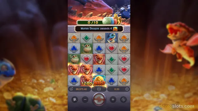 A screenshot of a video slot game featuring a 5x5 grid of symbols with a dragon theme, including a '0/10' progress bar at the top.