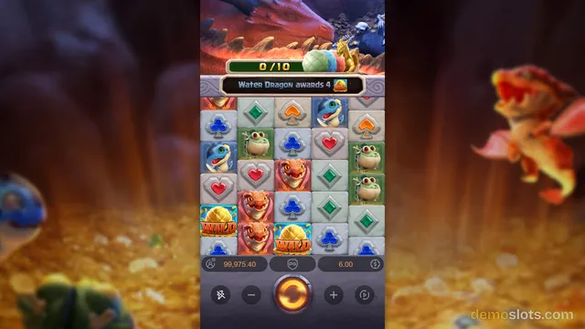 A mobile-format slot game screen shows a 5x5 grid of dragon-themed symbols with a progress meter at the top and a 'Water Dragon awards 4' message.