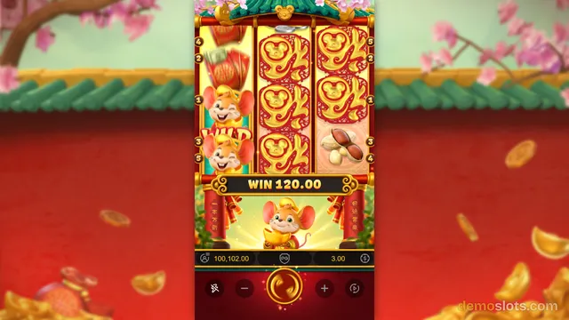 A brightly rendered mobile slot game screen featuring a Chinese New Year theme with a 3x5 grid of symbols including mice and red envelopes, displaying a win amount of 120.00.