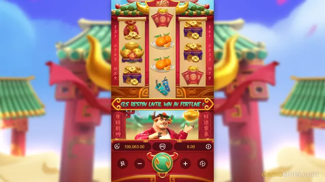 A vertical mobile slot game displaying a Chinese New Year themed grid with a bull character at the bottom and a 'RESPIN UNTIL WIN' message.