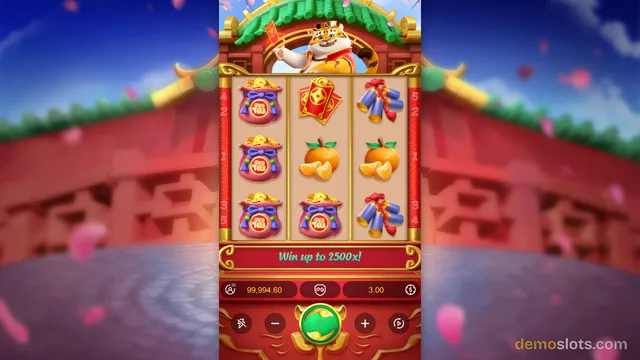 A mobile-format slot game with a 3x3 grid of Chinese New Year-themed symbols set against a background of a red temple gate and a tiger character.