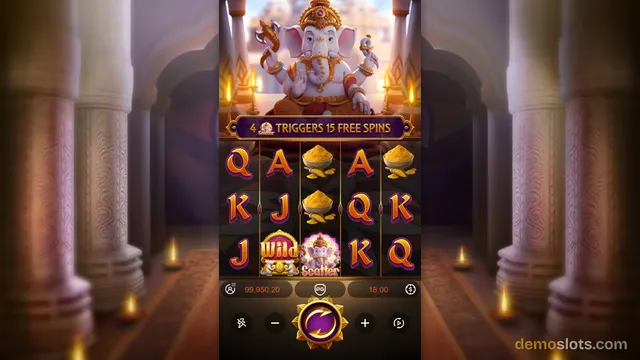 A vertical mobile slot game screen displays a 5x3 grid of symbols beneath a banner featuring a large illustration of the Hindu deity Ganesha.