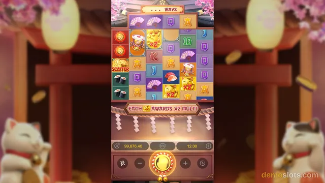 A vertical mobile slot game screen displaying a 6x5 grid of symbols against a Japanese-themed background with a torii gate and maneki-neko statues.