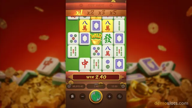 A slot game interface showing a 5x4 grid of mahjong tile symbols with a win message of 2.40 displayed at the bottom.