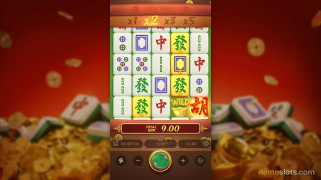 A Mahjong-themed slot game grid displays a total win of 9.00 with a multiplier bar above the reels.