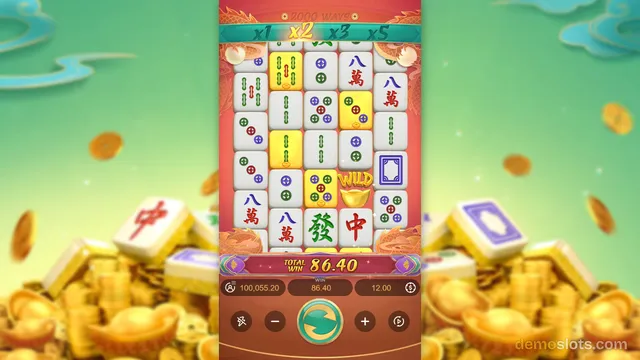 A brightly lit slot game screen displaying a 5x4 grid of mahjong tiles with a total win of 86.40 shown at the bottom.