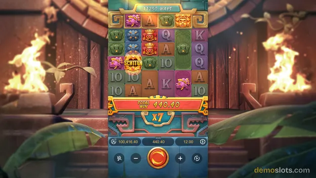 A mobile view of a Mayan-themed video slot showing a 6x4 grid with a total win of 440.40 and an x7 multiplier.