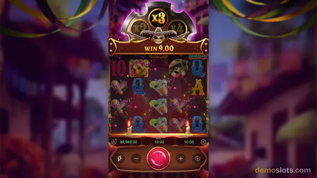 A slot machine game screen showing a 5x3 grid of symbols with a win banner reading 'WIN 9.00' and a multiplier display at the top.
