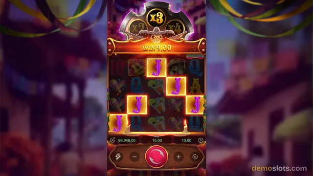 A fully rendered screenshot of a Mexican-themed slot game showing a 5x3 grid with a win of 9.00 and a multiplier meter at the top.