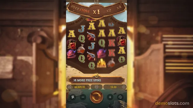 A vertical mobile slot game screen shows a 5x4 grid of western-themed symbols on a wooden reel frame, with a multiplier banner at the top and a free spins message below.