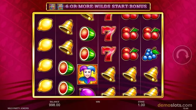 A slot game grid with fruit symbols and a jester wild, with a banner above reading '6 OR MORE WILDS START BONUS'.
