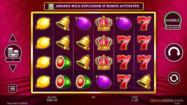 The slot game Wild Party Jokers shows a 4-row by 6-column grid of symbols including lemons, bells, plums, crowns, sevens, and watermelons, with a banner reading AWARDS WILD EXPLOSION IF BONUS ACTIVATED above the reels and a GAMBLE button on the right side.