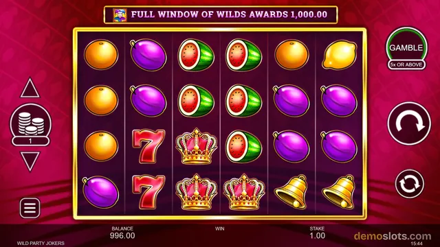 A 4-row by 6-column slot game grid shows fruit symbols, sevens, crowns and bells against a dark purple background.