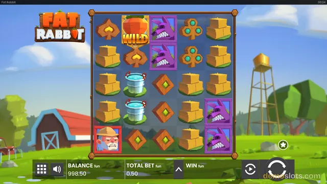A screenshot of the Fat Rabbit slot game showing a 5x5 grid of symbols against a rural background with a red barn and water tower.