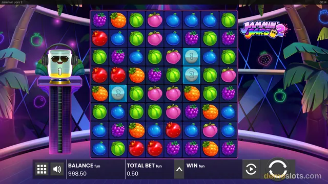 A brightly rendered slot game interface shows a grid of fruit symbols with a neon-styled jam jar mascot on the left and a tropical background.