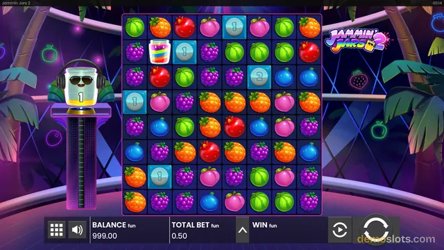A brightly rendered 8x8 grid of slot symbols including fruits and jars, set against a neon-lit tropical background with a mascot on the left.