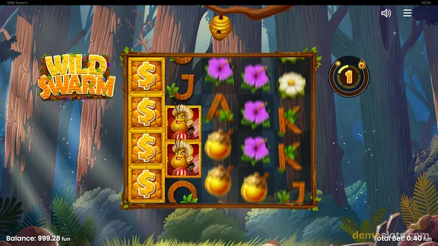 A screenshot of the 'Wild Swarm' slot game showing a 5x4 grid of symbols in a forest setting.