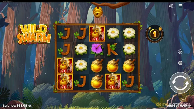 A brightly rendered 5x4 grid slot game titled Wild Swarm displays a jungle-themed background with settled symbols on the reels and a balance of 998.08 fun.