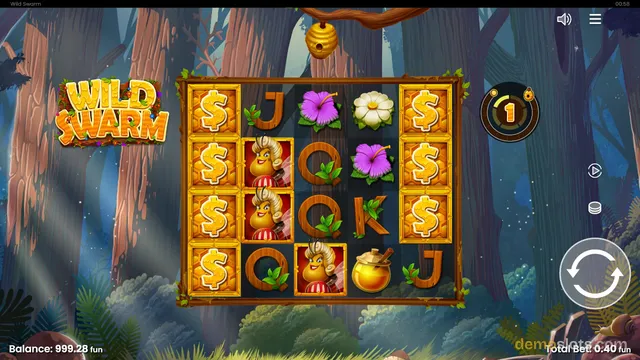 A 5x4 slot game grid titled Wild Swarm displays a mix of dollar signs, letters, flowers, and fairy characters on a jungle-themed background.