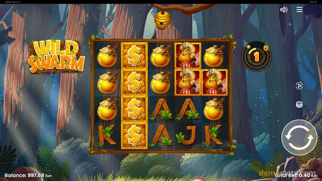 A 5x4 slot machine grid displaying honey pots, dollar signs, cartoon bees, and wooden letter tiles against a forest background.