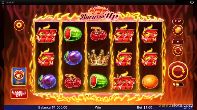 A slot game titled Burned Up displays a 5x3 reel grid with flaming fruit symbols, set against a dark red background with a fiery border.