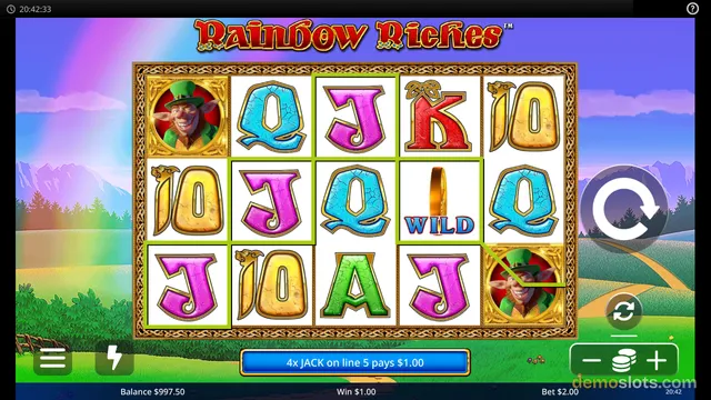 A slot game grid displays a settled set of symbols including leprechauns, playing cards, and a wild ring against a rainbow background.