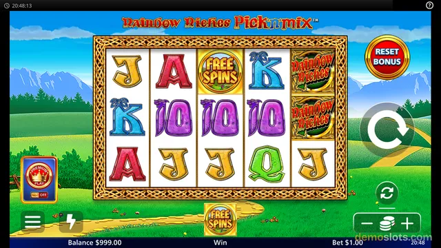 A fully rendered 5x3 grid slot game titled Rainbow Riches Pick 'n Mix displays a settled spin result with a balance of $999.00.