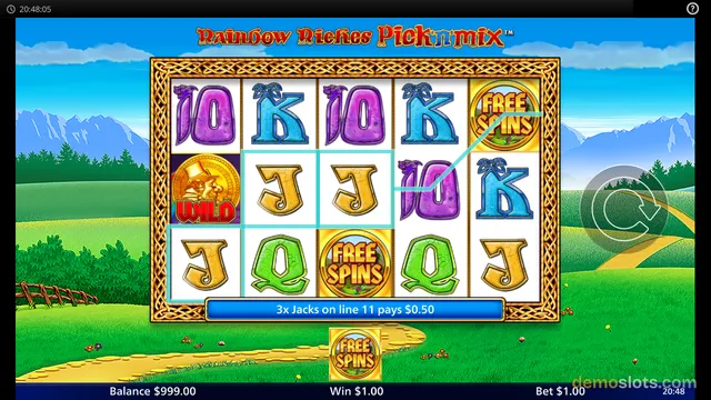 A slot machine game screen titled Rainbow Riches Pick 'n Mix shows a 3x5 grid with a win line connecting three Jack symbols.