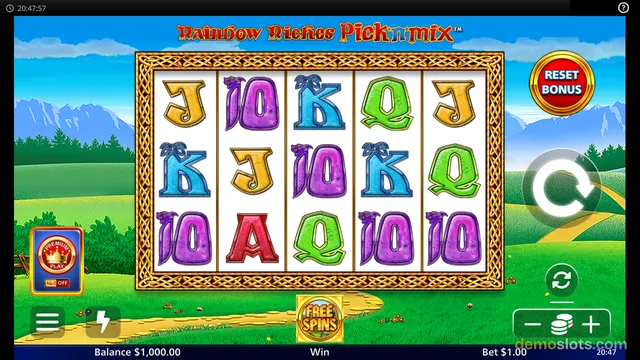 A screenshot of the Rainbow Riches Pick 'n Mix slot game showing a 5x3 grid of playing card symbols on a green landscape background.