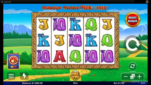 A slot machine screen titled Rainbow Riches Pick 'n' Mix displays a 5x3 grid of playing card symbols against a green landscape background.
