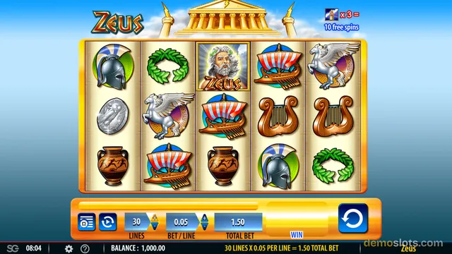 A 5x3 grid slot game titled Zeus displays a settled combination of Greek-themed symbols including a warrior helmet, a laurel wreath, a Zeus portrait, a ship, a winged horse, and a lyre against a temple background.