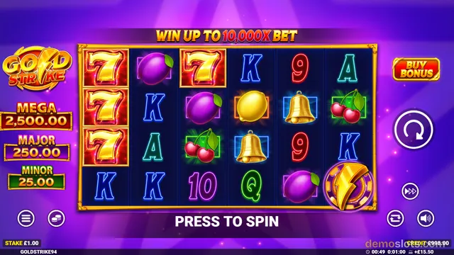 A 6-reel slot game titled Gold Strike shows a fully rendered grid with fruit and classic slot symbols, with a press-to-spin prompt at the bottom.