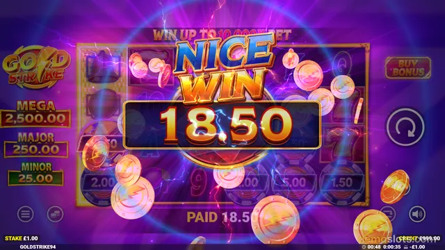 A slot game screen showing a large 'NICE WIN 18.50' overlay with gold coins flying around a purple reel grid.