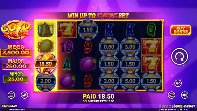 A slot game titled Gold Strike shows a 5x3 grid of symbols with a winning combination highlighted, a paid banner, and a jackpot panel on the left.