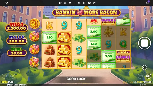 A settled slot game grid titled Bankin' More Bacon displays symbols including gold bars, cash stacks, piggy banks, and letters.