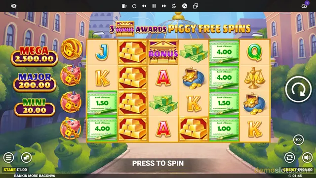 A 5-reel slot game grid showing gold bars, banknotes, and piggy banks, with a banner reading 3 BONUS AWARDS PIGGY FREE SPINS at the top.