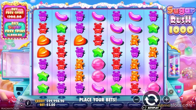 Sugar Rush 1000 slot game showing a candy-themed grid with colorful symbols and a PLACE YOUR BETS message.