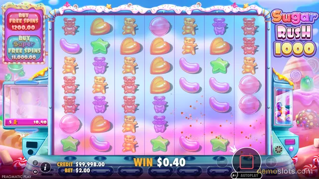The game Sugar Rush 1000 displays a candy-themed slot grid with various symbols, showing a win of $0.40 on a $2.00 bet with a credit balance of $99,998.00.