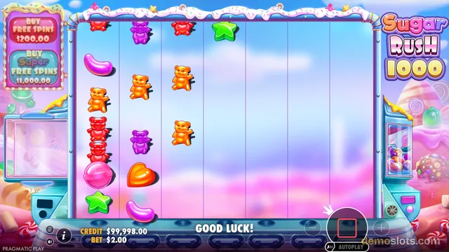 A candy-themed slot game titled Sugar Rush 1000 shows a 7x7 grid filled with colorful gummy candy symbols.