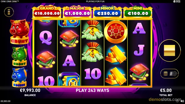 A 5-reel, 3-row slot game titled OINK OINK OINK shows a fully rendered base game grid with a balance of €9,993.00 and a total bet of €5.00.
