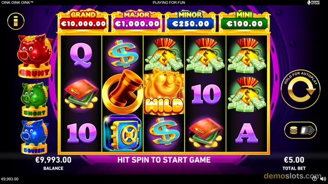 A 5-reel slot game titled OINK OINK OINK shows a fully rendered reel grid with colorful symbols including a golden pig, money bags, and playing card letters.