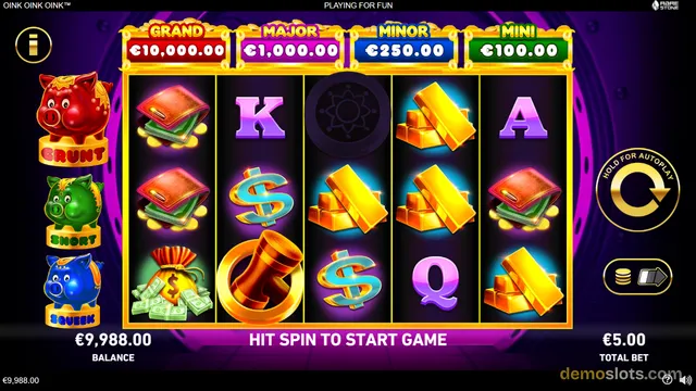 A 5x3 slot game grid with a purple background, showing a base game state with various symbols and a jackpot display above the reels.