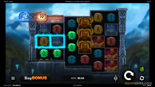 A slot game titled Heimdall's Gate Cash Quest shows an asymmetric grid of Norse-themed symbols with a win of $0.64 and a balance of $10,992.64.