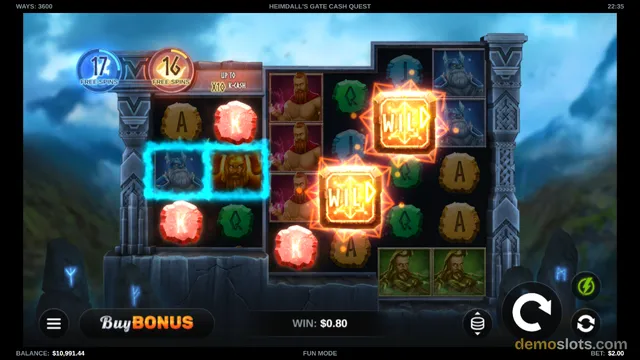 A slot game grid with glowing symbols on a blue mountainous background, with a win of $0.80 shown at the bottom.