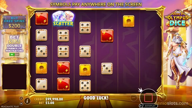 A 5x5 grid of dice symbols is displayed on a purple background with the game title Gates of Olympus Dice in the top right corner.