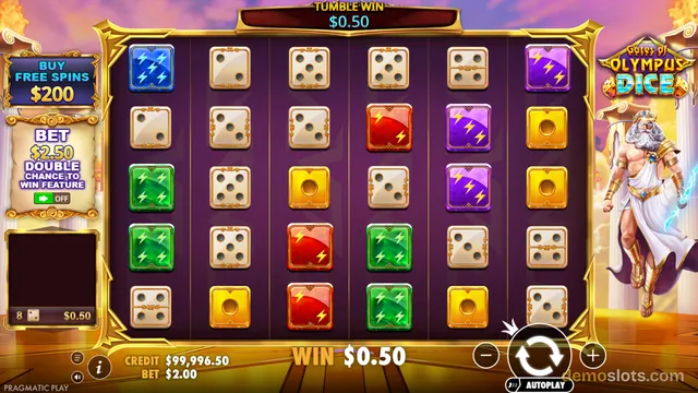 A screenshot of the Gates of Olympus Dice slot game displaying a 6x5 grid of dice and lightning symbols with a Zeus figure on the right side.