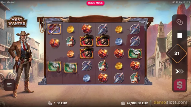 A 6x5 slot game grid displays various western-themed symbols against a dusty town background, with a cowboy character standing to the left and a 'DEMO MODE' banner at the top.