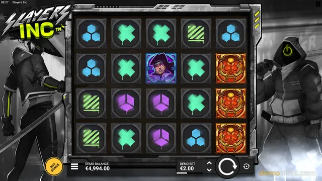 A 5x4 video slot game grid displays various symbols including geometric shapes, a bull mask, and a female character, flanked by two hooded figures in a dark, industrial setting.
