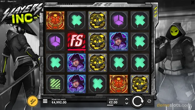 A screenshot of the Slayers Inc slot game showing a 5x4 grid of symbols with a dark, comic-book art style featuring hooded figures and skulls.